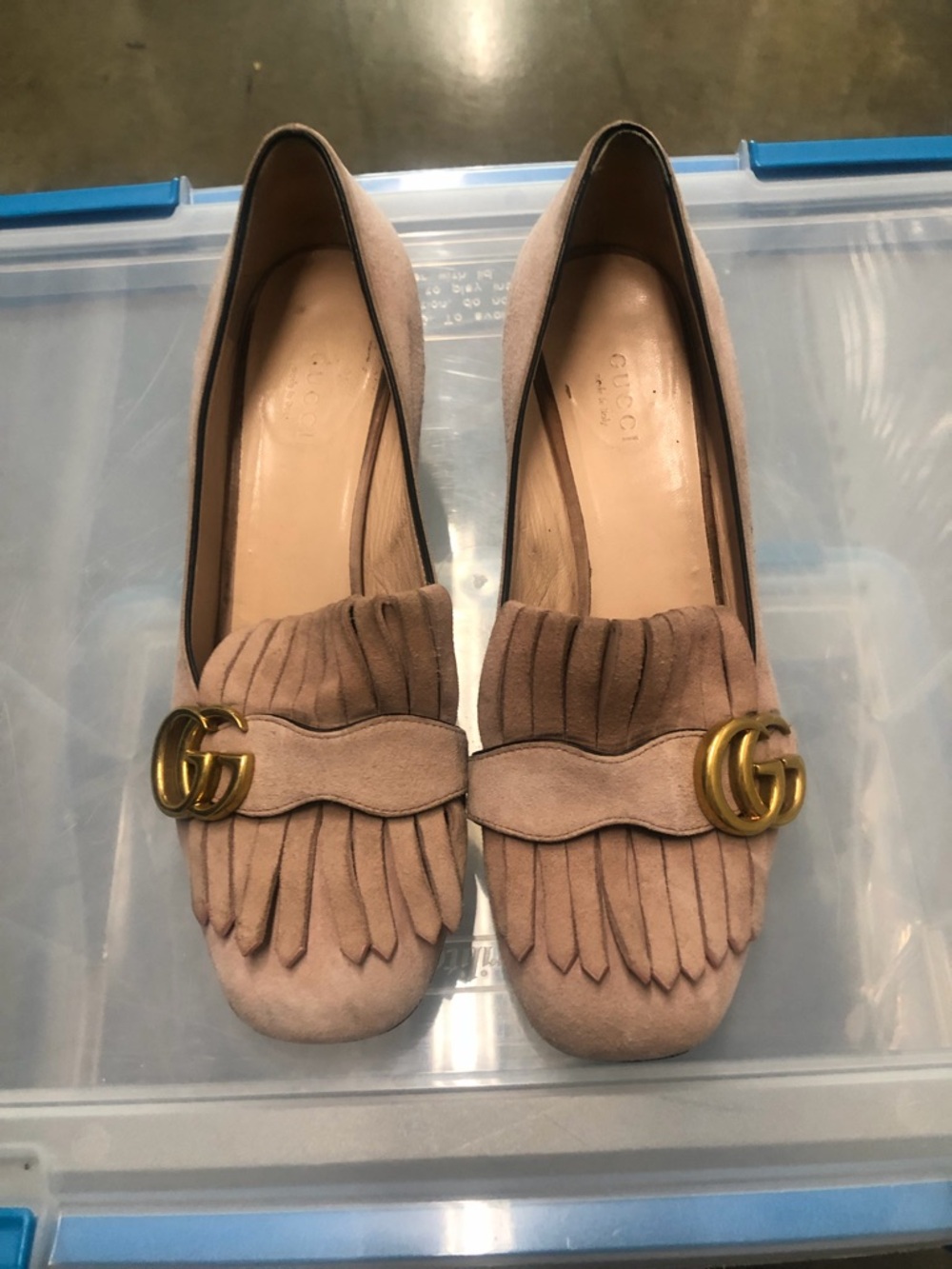 Gucci Blush Marmont Block Herl Suede Fringe Loafers with Gold GG